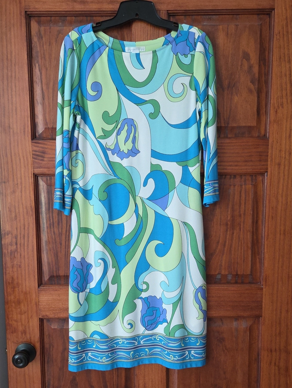 London Times Teal and Light Blue Swirl Print Dress